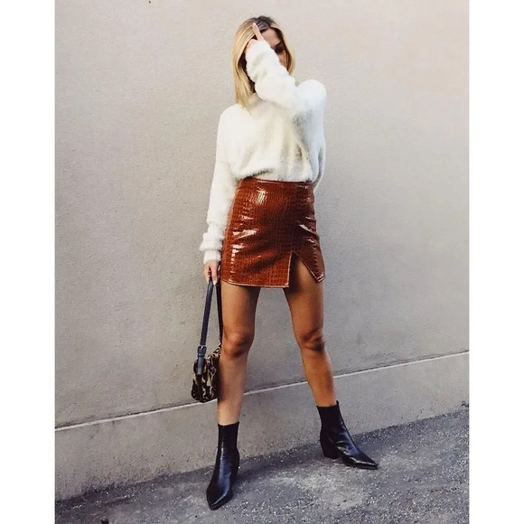 Motel Wren Mini Skirt In PU Croco Brown - Picture 5 of 11